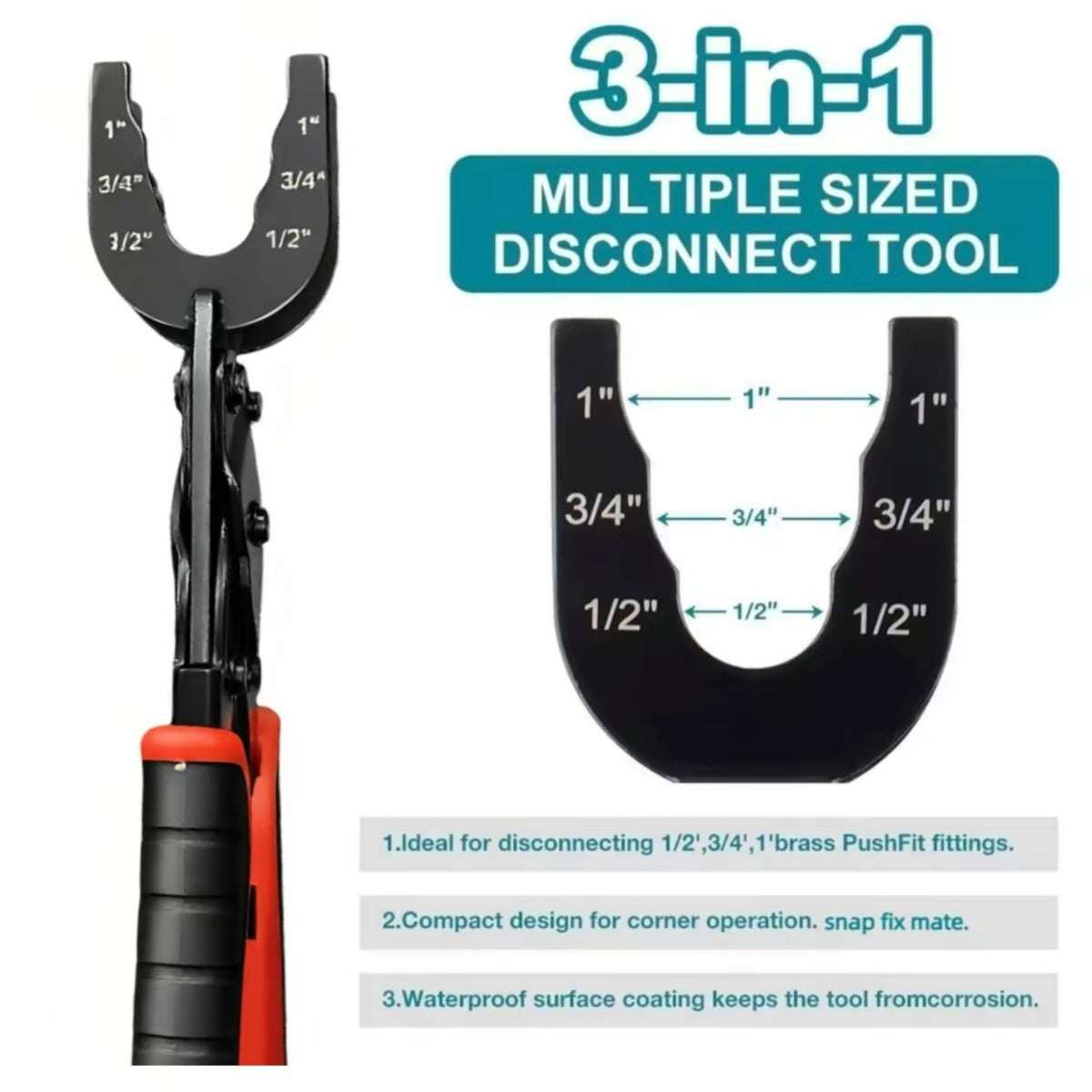 Hardware Disconnect Tong-3-Size Teeth Fit for 1/2in,3/4in,1in Brass Push Fit Push to Connect Fittings